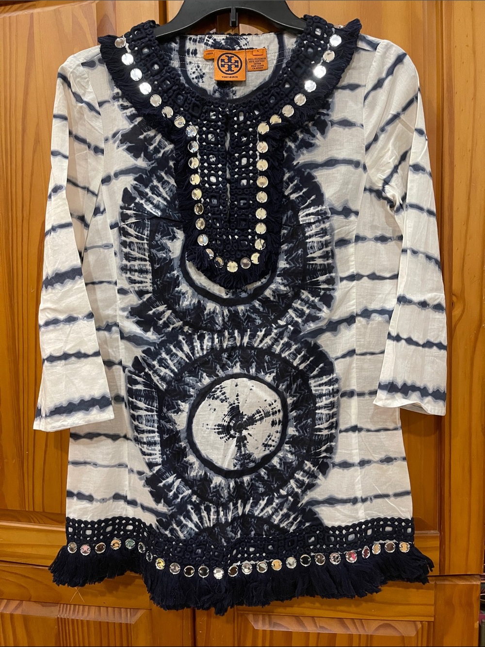 Tory Burch Black & White Tie-Dye Embellished Tunic Top w/ rhinestone detailing~